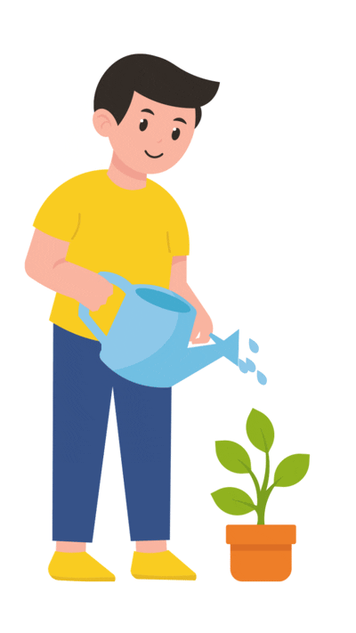Cartoon grower watering a wilting plant in a pot