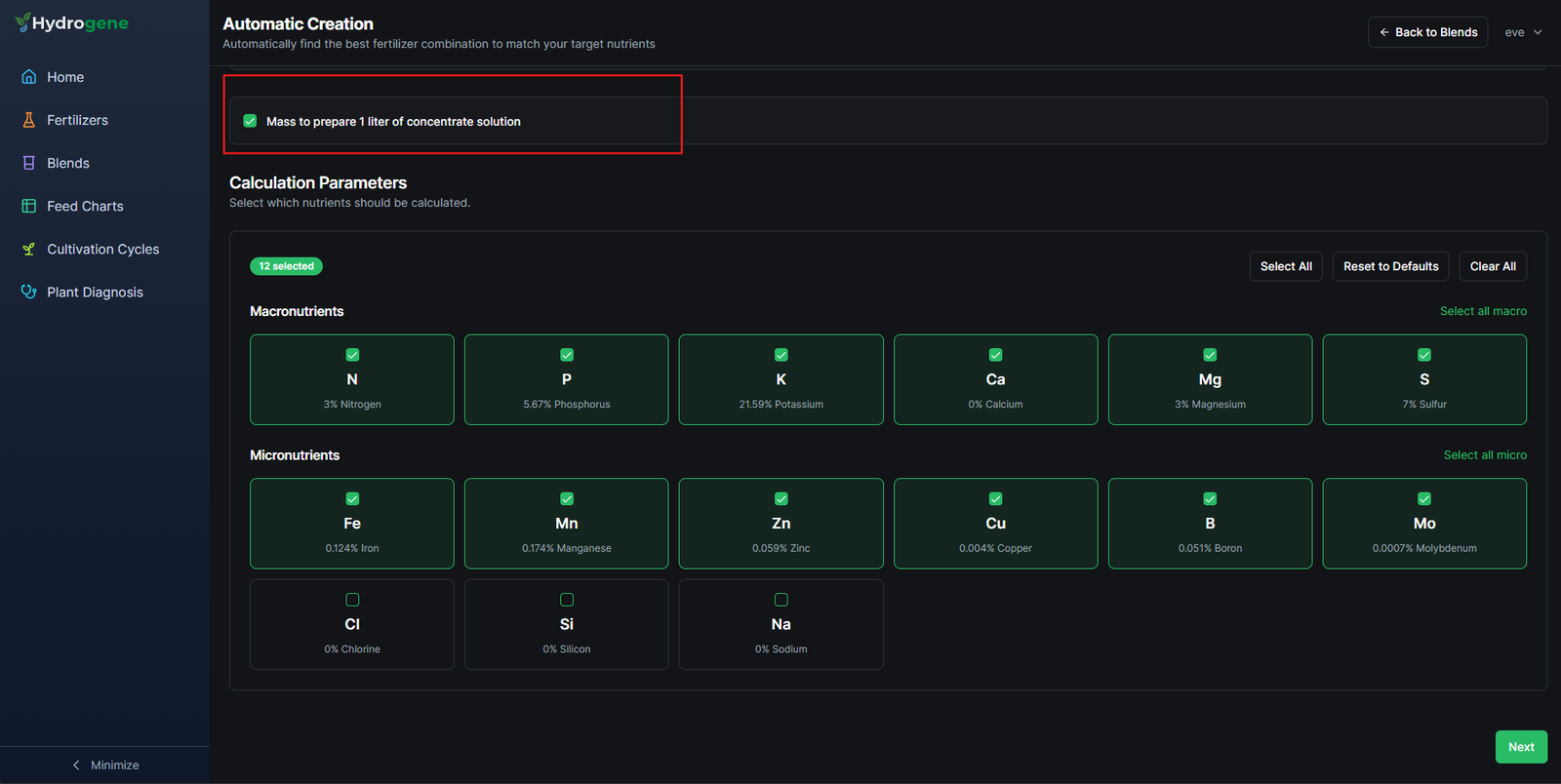 Calculation Parameters box with nutrient checkboxes