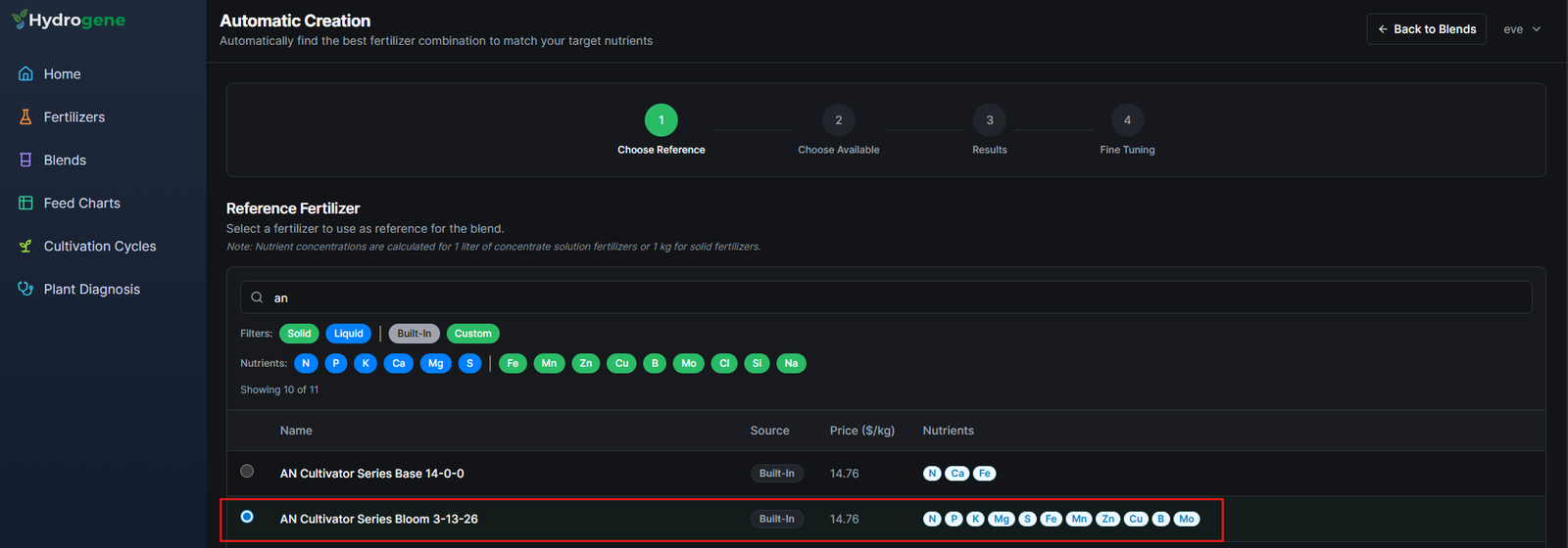 Automatic Creation — reference fertilizer selection table