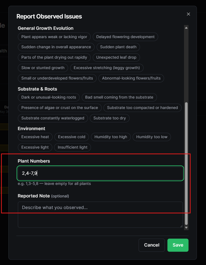 Health tab showing active issues with their cultivation day range