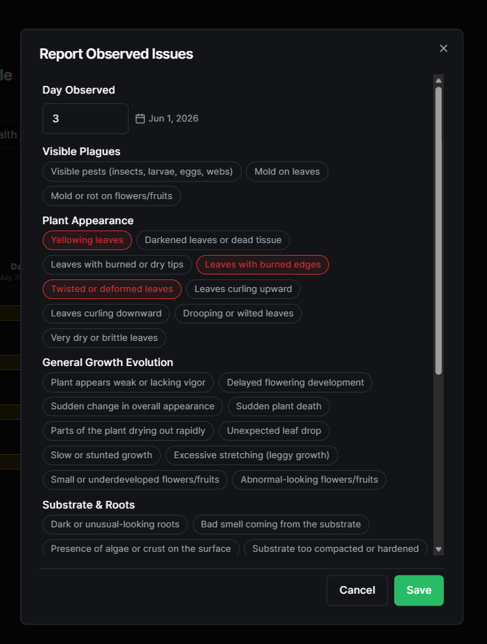 Tag selection screen for describing the health issue