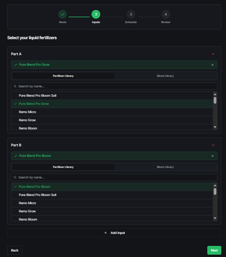 Schedule form showing stages, weeks, and part dosage fields